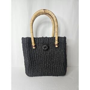 Vintage Croft And Barrow Straw Handbag Black Wood Handles